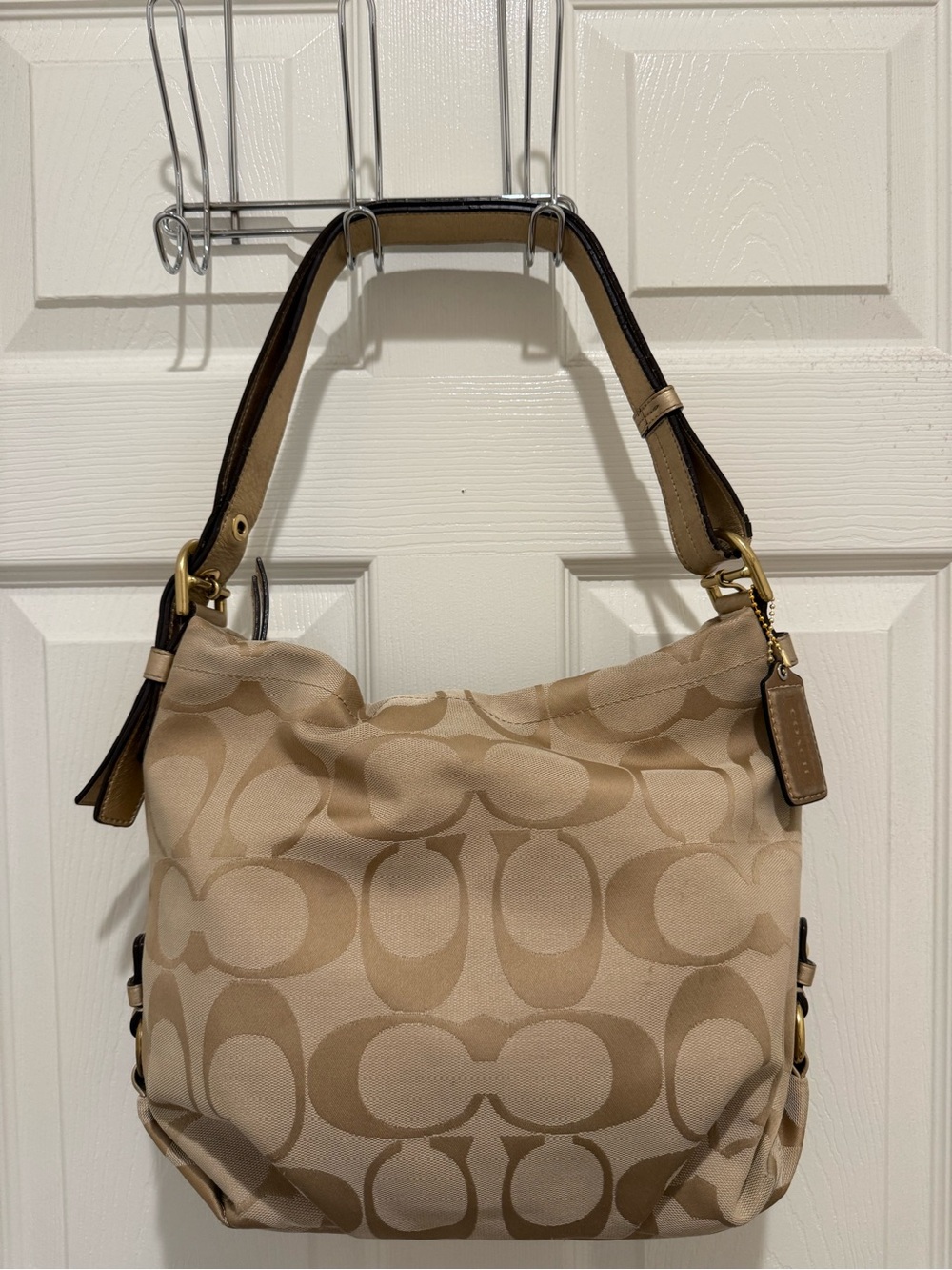 Coach Tan Signature Canvas Shoulder Bag with Leather Trim